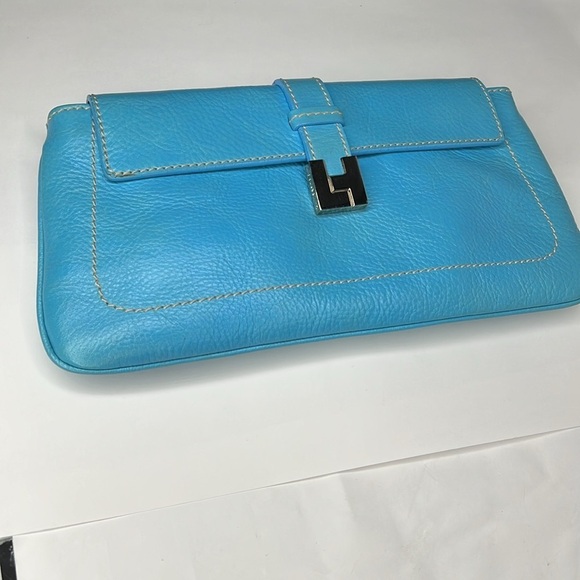 Lambertson Truex Teal Blue 11” Leather Clutch Bag - Picture 4 of 12
